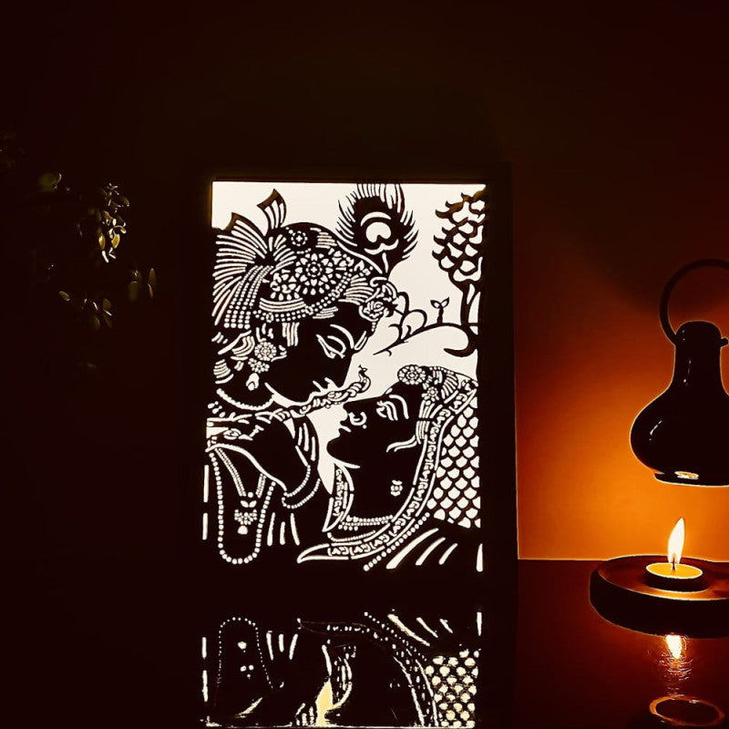 Lord Krishna Playing flute Wood Craving Table Lamp