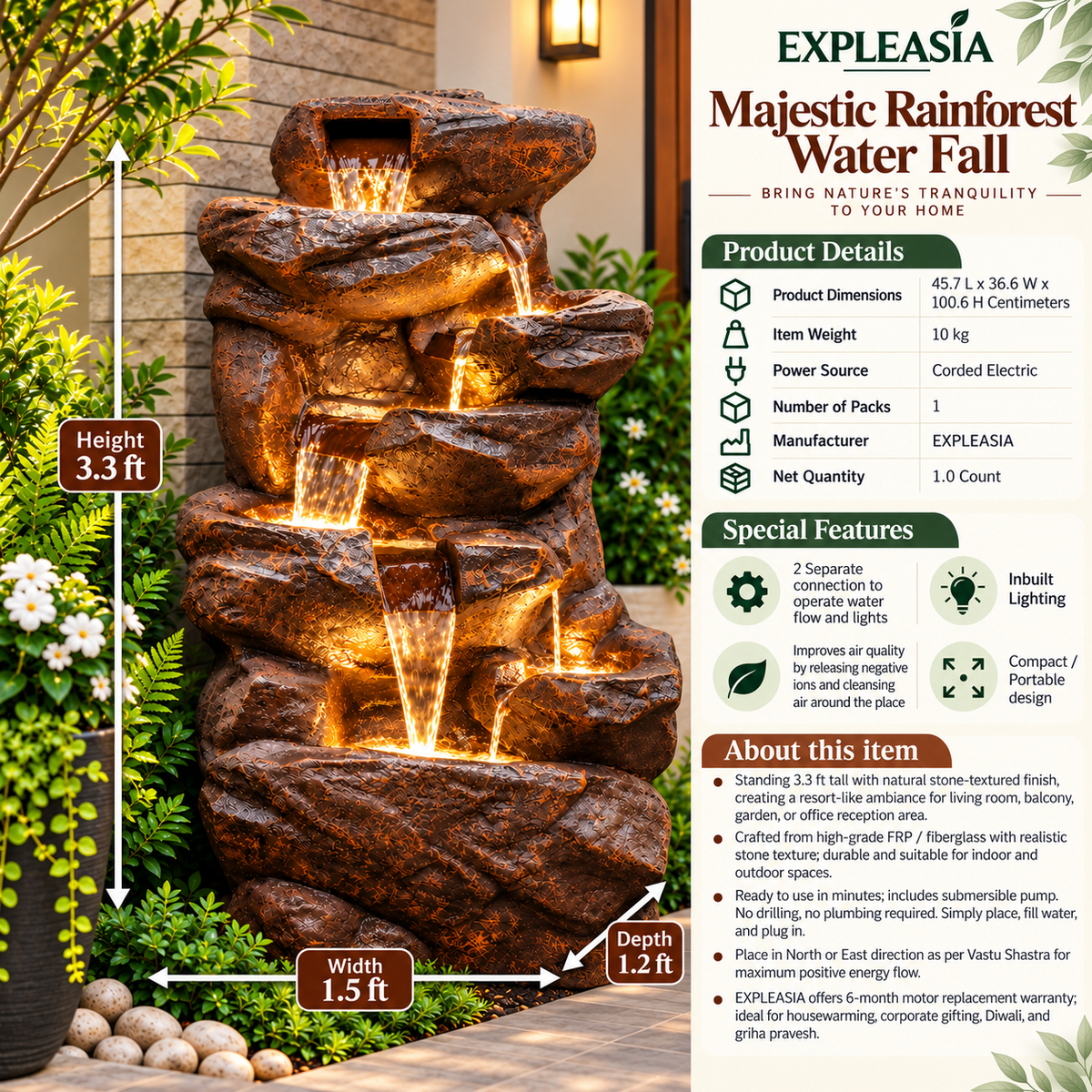 Rainforest Waterfall Fountain - Large Size for Home, Garden & Vastu Harmony