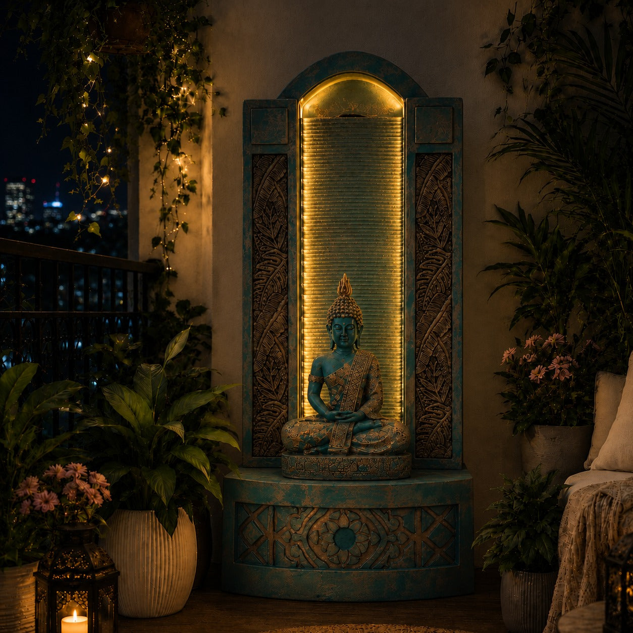 Slate Buddha Water Fountain - 4ft Aqua Gold for Home and Garden Enhancements
