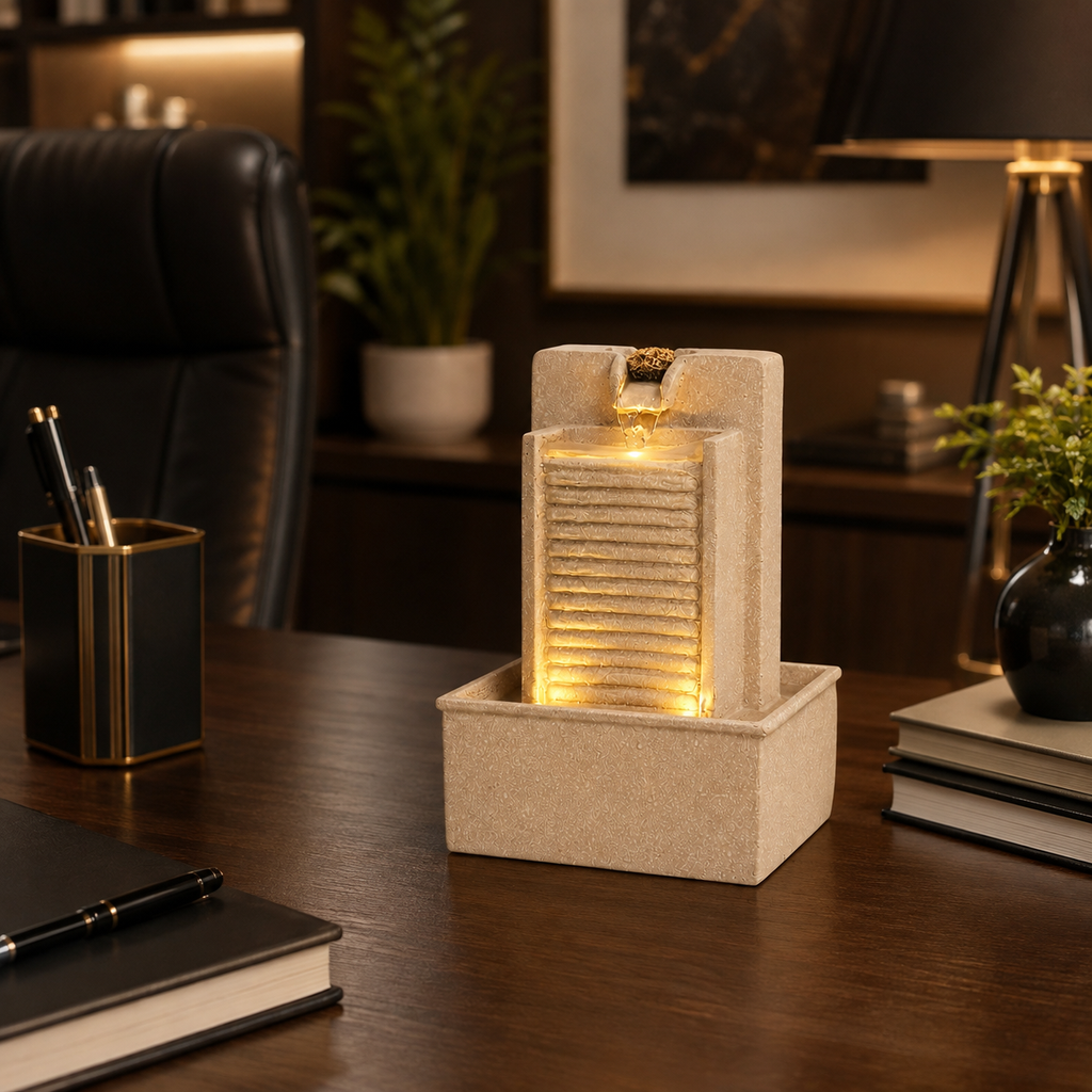 7 Inch Mini Tabletop Water Fountain with Warm LED Lights | Indoor Waterfall Fountain for Home