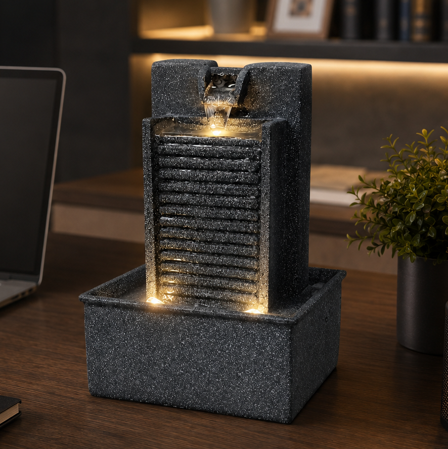 7 Inch Mini Tabletop Water Fountain with Warm LED Lights | Indoor Waterfall Fountain for Home