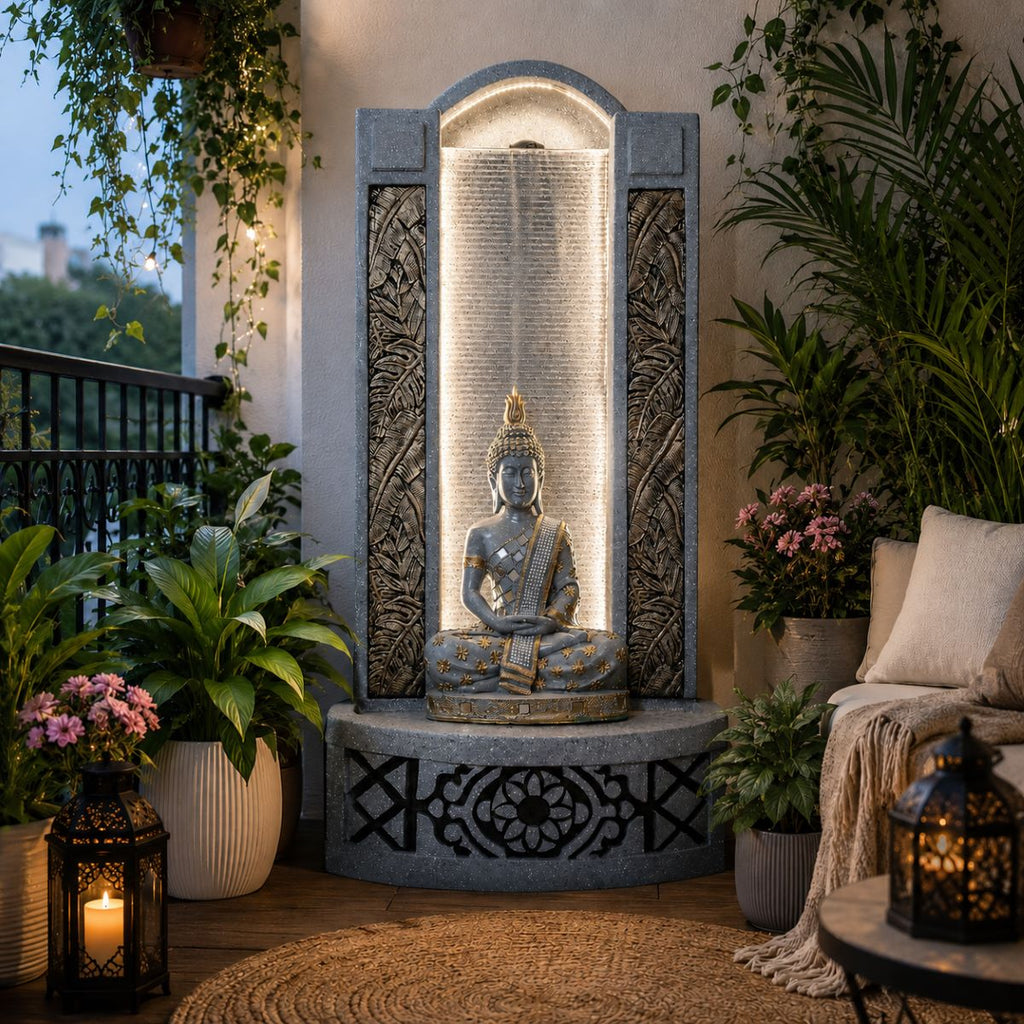 4ft Buddha Slate Water Fountain for Home | Indoor Outdoor Decor | LED Lights | Vastu Friendly