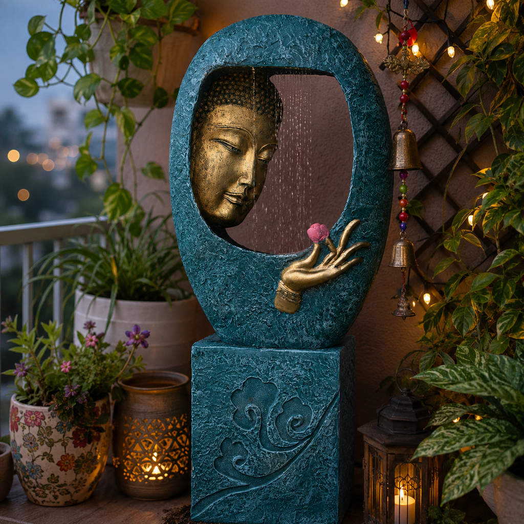 Buddha Face Shower Water Fountain with Stand - Blue 4ft for Serene Indoor Decor