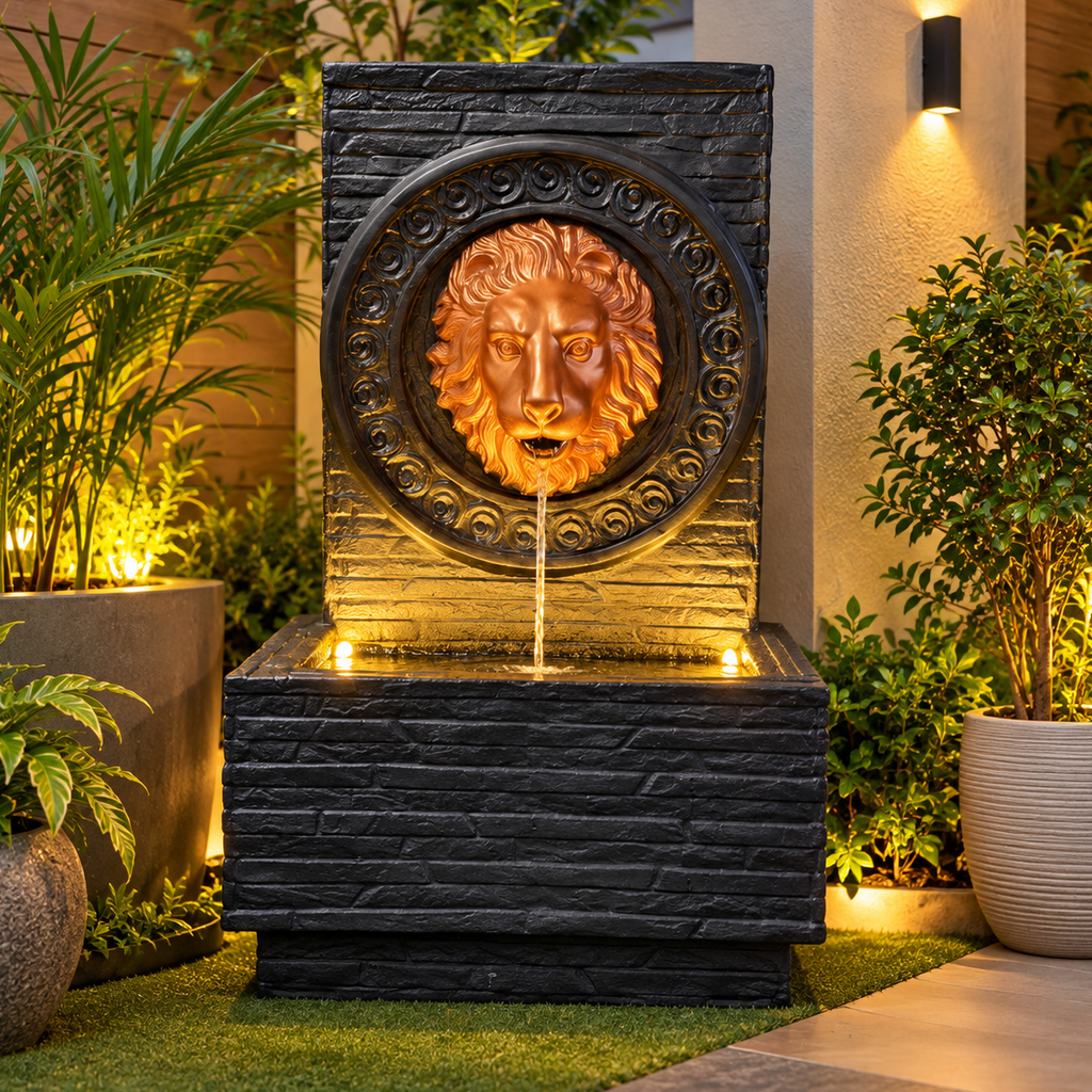 Imperial Lion Face Slate Water Fountain 3.3ft for Home | LED
