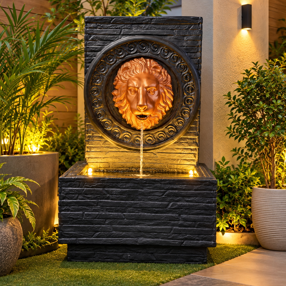 Imperial Lion Face Slate Water Fountain 3.3ft for Home | LED