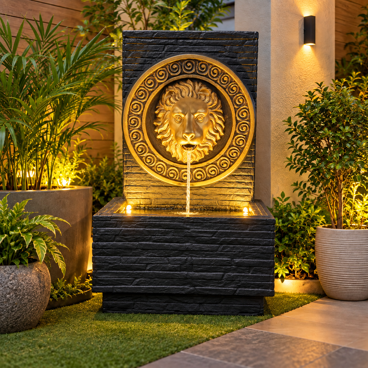 Imperial Lion Face Slate Water Fountain 3.3ft for Home | LED