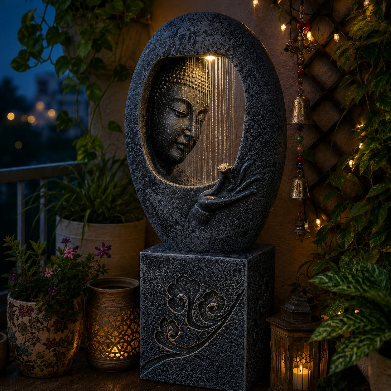 Buddha Face Shower Water Fountain with Stand – Dark Grey 4ft Garden Decor