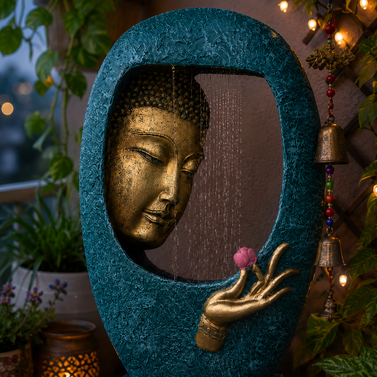 Buddha Face Shower Water Fountain with Stand - Blue 4ft for Serene Indoor Decor