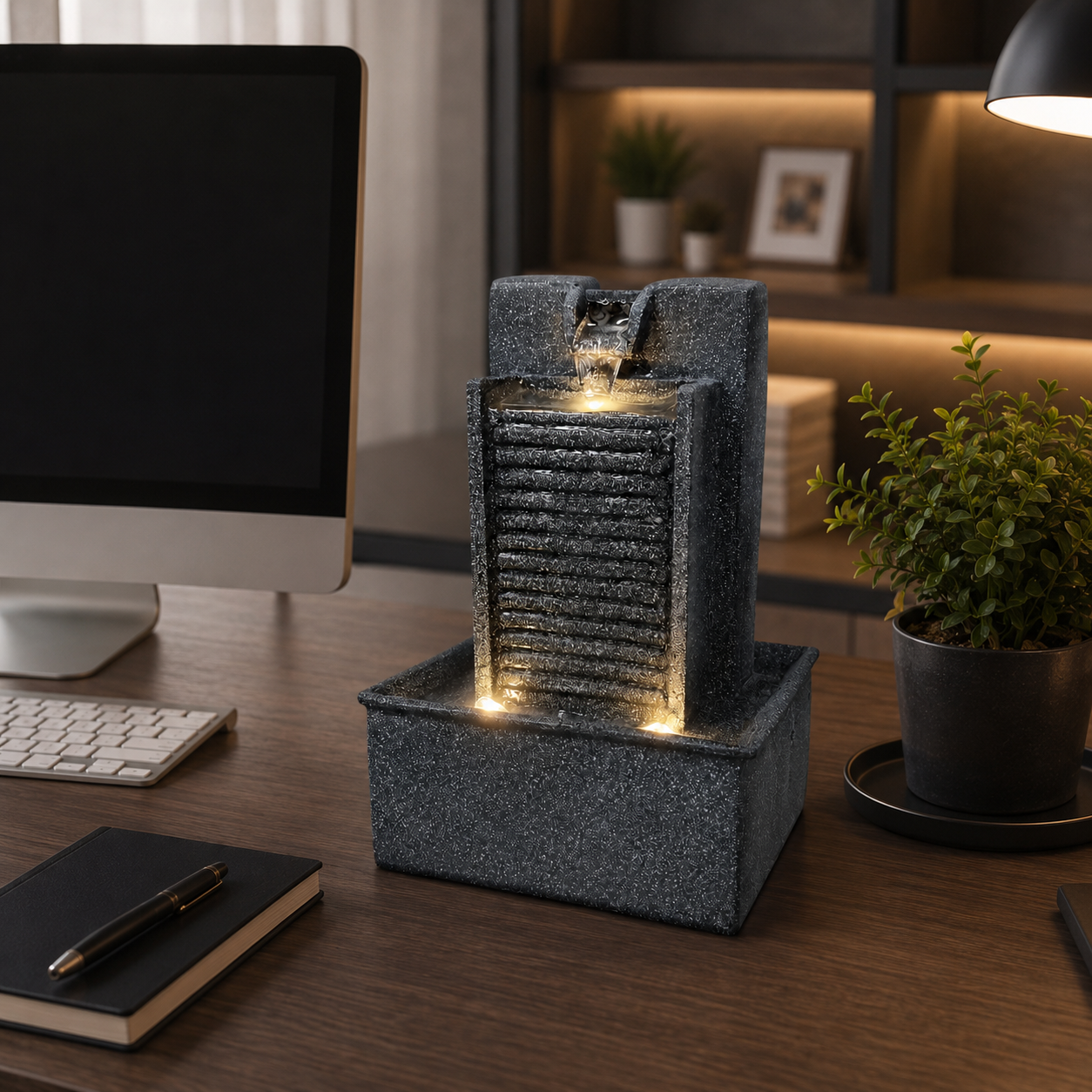 7 Inch Mini Tabletop Water Fountain with Warm LED Lights | Indoor Waterfall Fountain for Home
