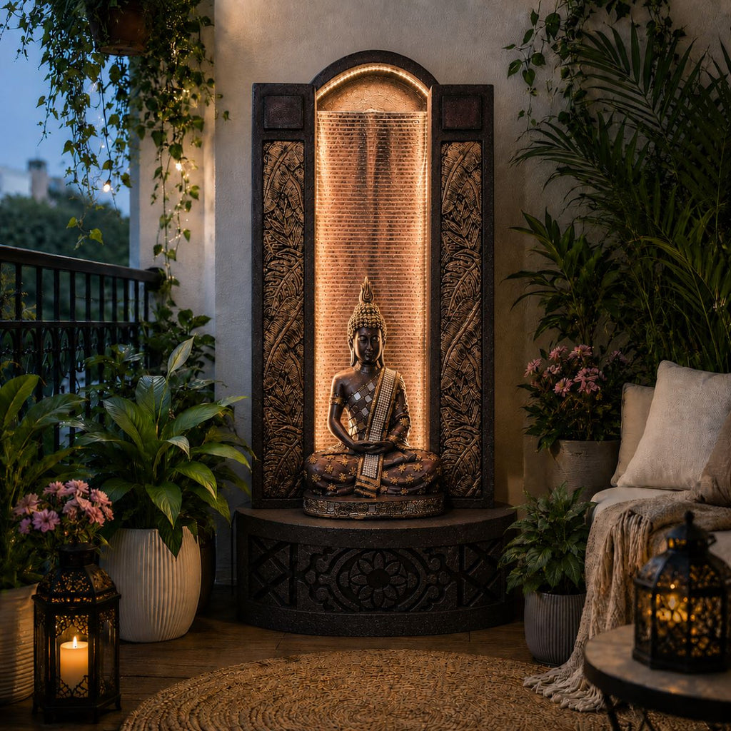 4ft Buddha Slate Water Fountain for Home | Indoor Outdoor Decor | LED Lights | Vastu Friendly