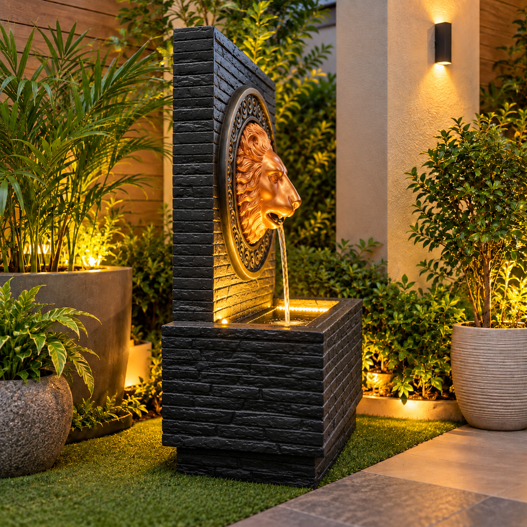 Imperial Lion Face Slate Water Fountain 3.3ft for Home | LED