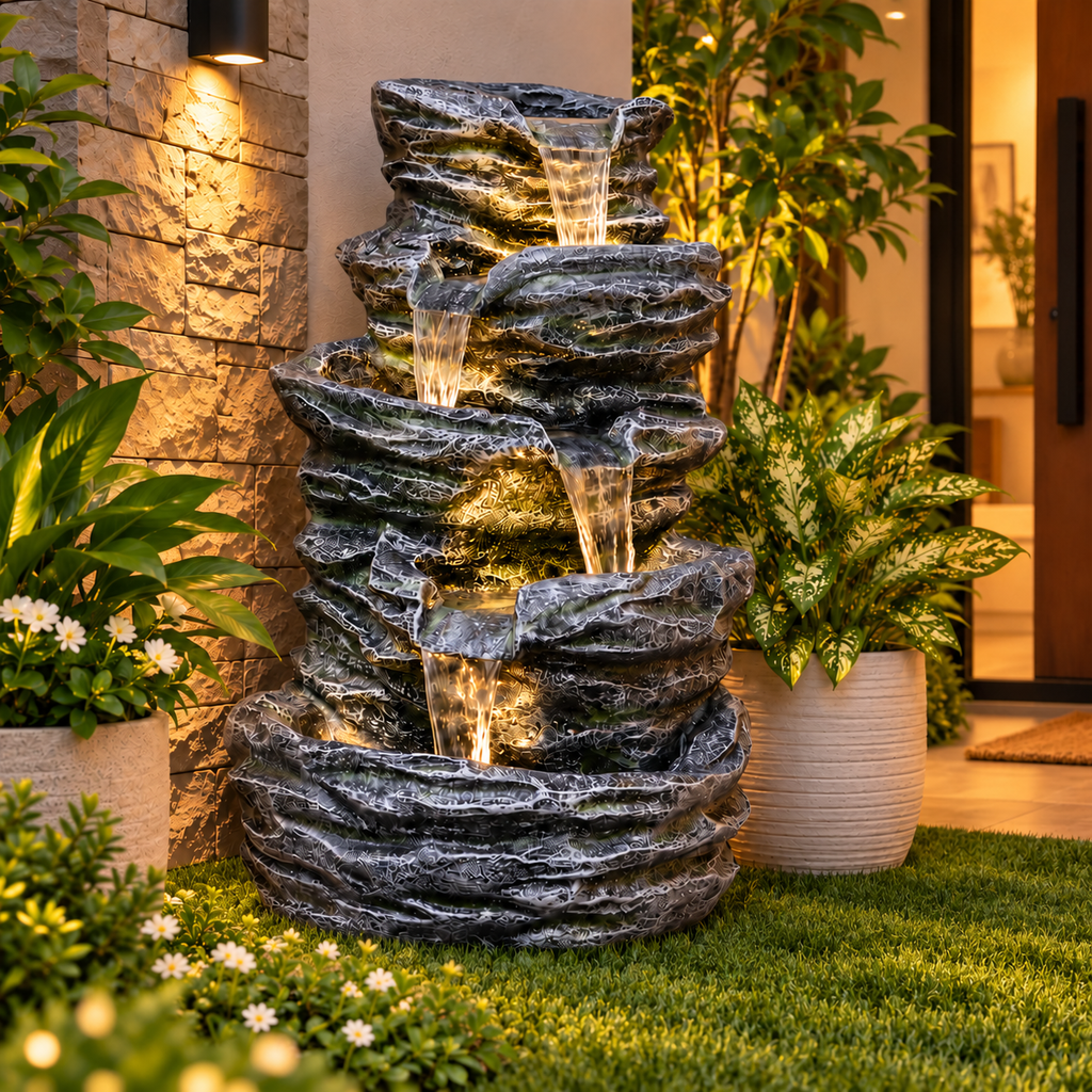 5 Tier Rock Water Fountain for Home & Covered Garden | EXPLEASIA
