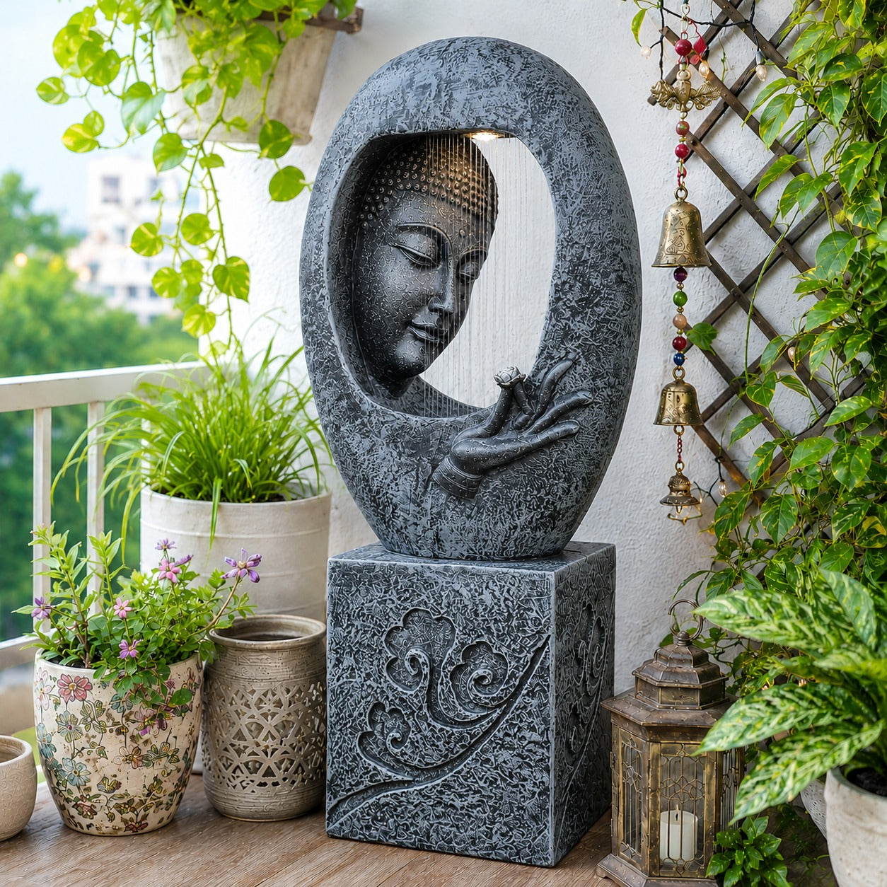 Buddha Face Shower Water Fountain with Stand – Dark Grey 4ft Garden Decor