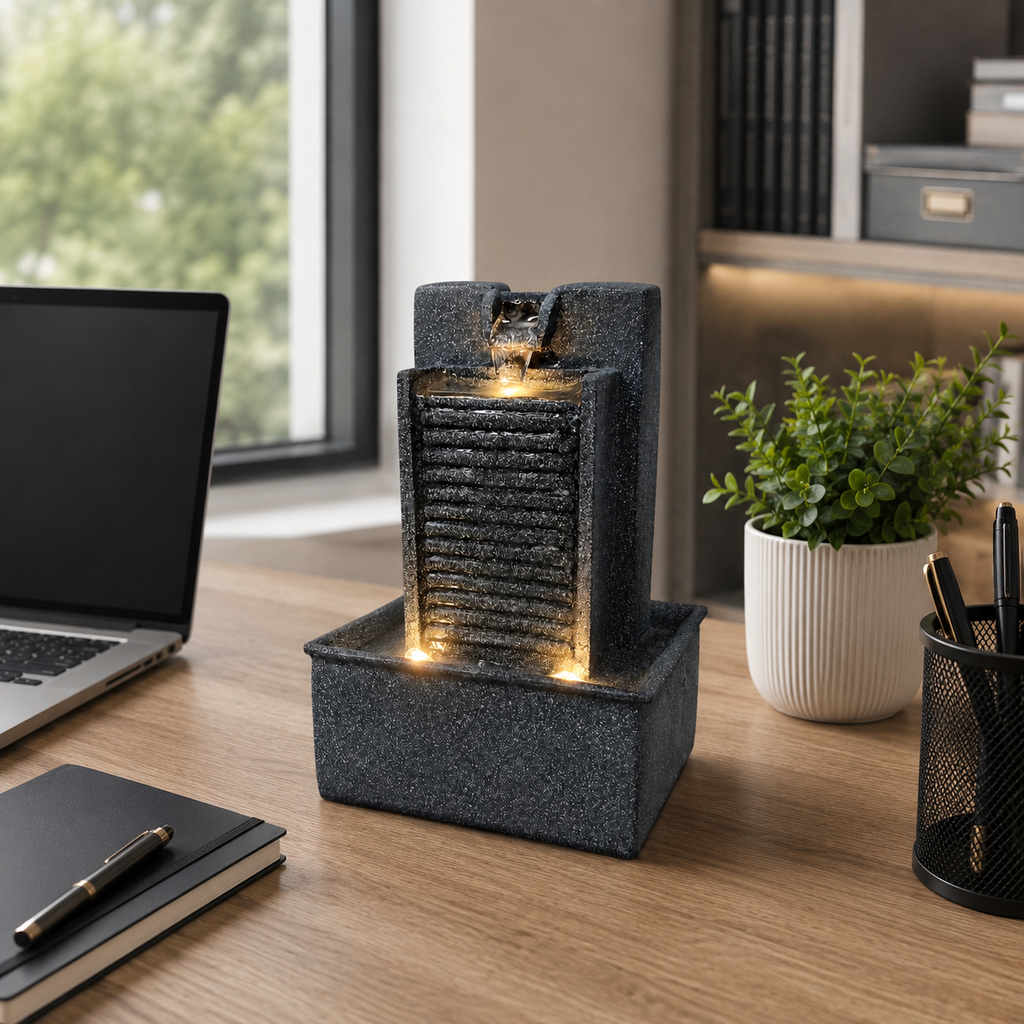 7 Inch Mini Tabletop Water Fountain with Warm LED Lights | Indoor Waterfall Fountain for Home
