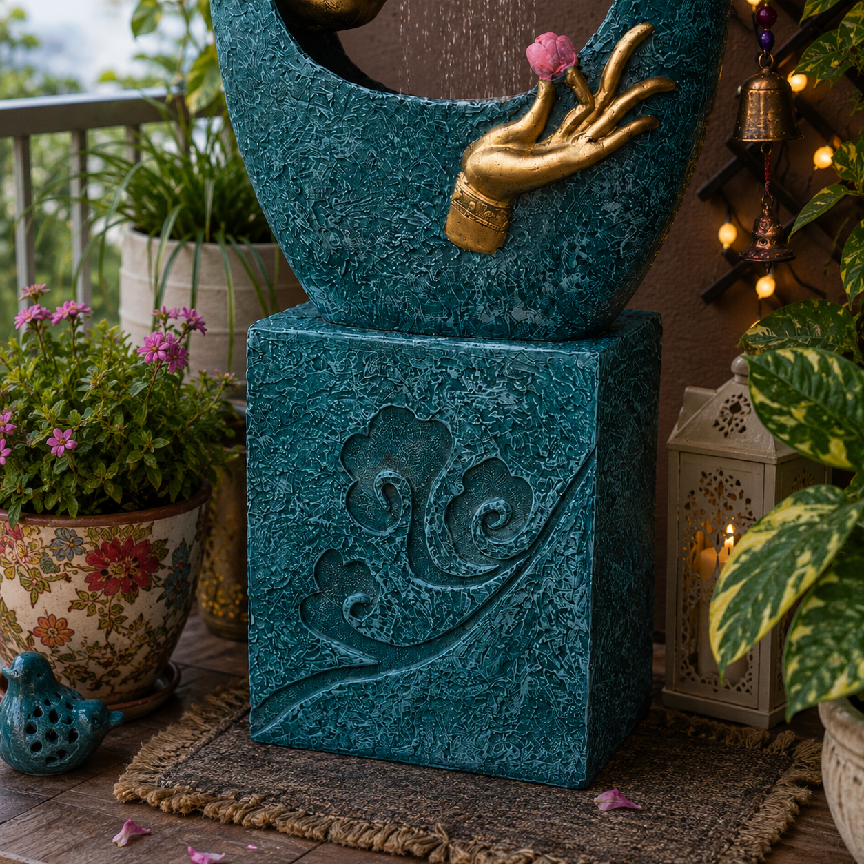 Buddha Face Shower Water Fountain with Stand - Blue 4ft for Serene Indoor Decor