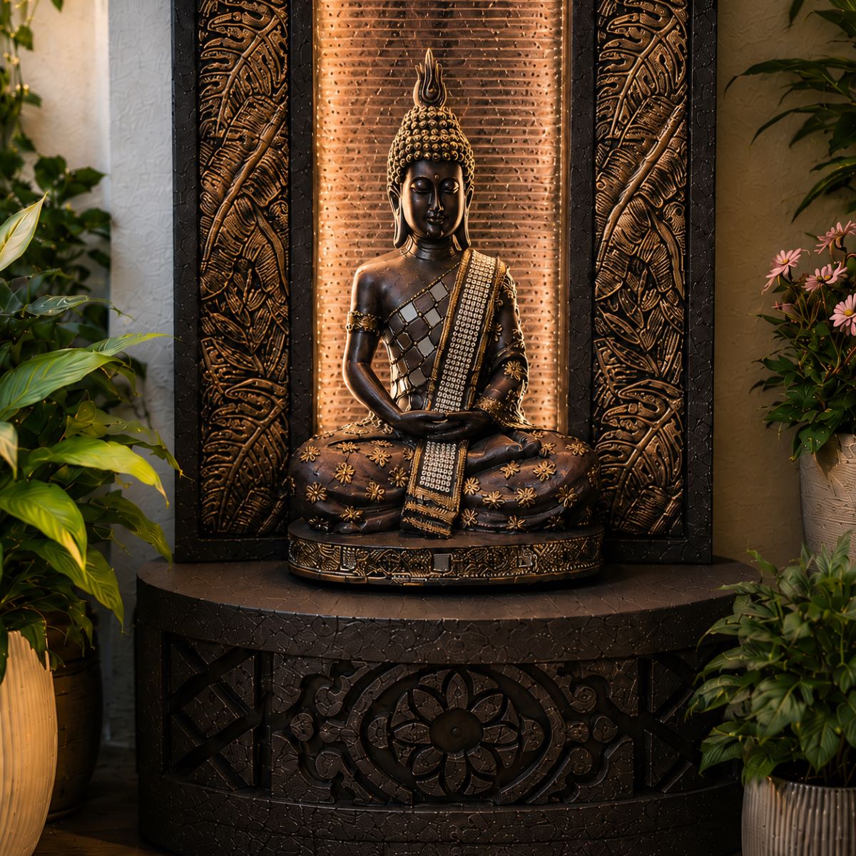 4ft Buddha Slate Water Fountain for Home | Indoor Outdoor Decor | LED Lights | Vastu Friendly