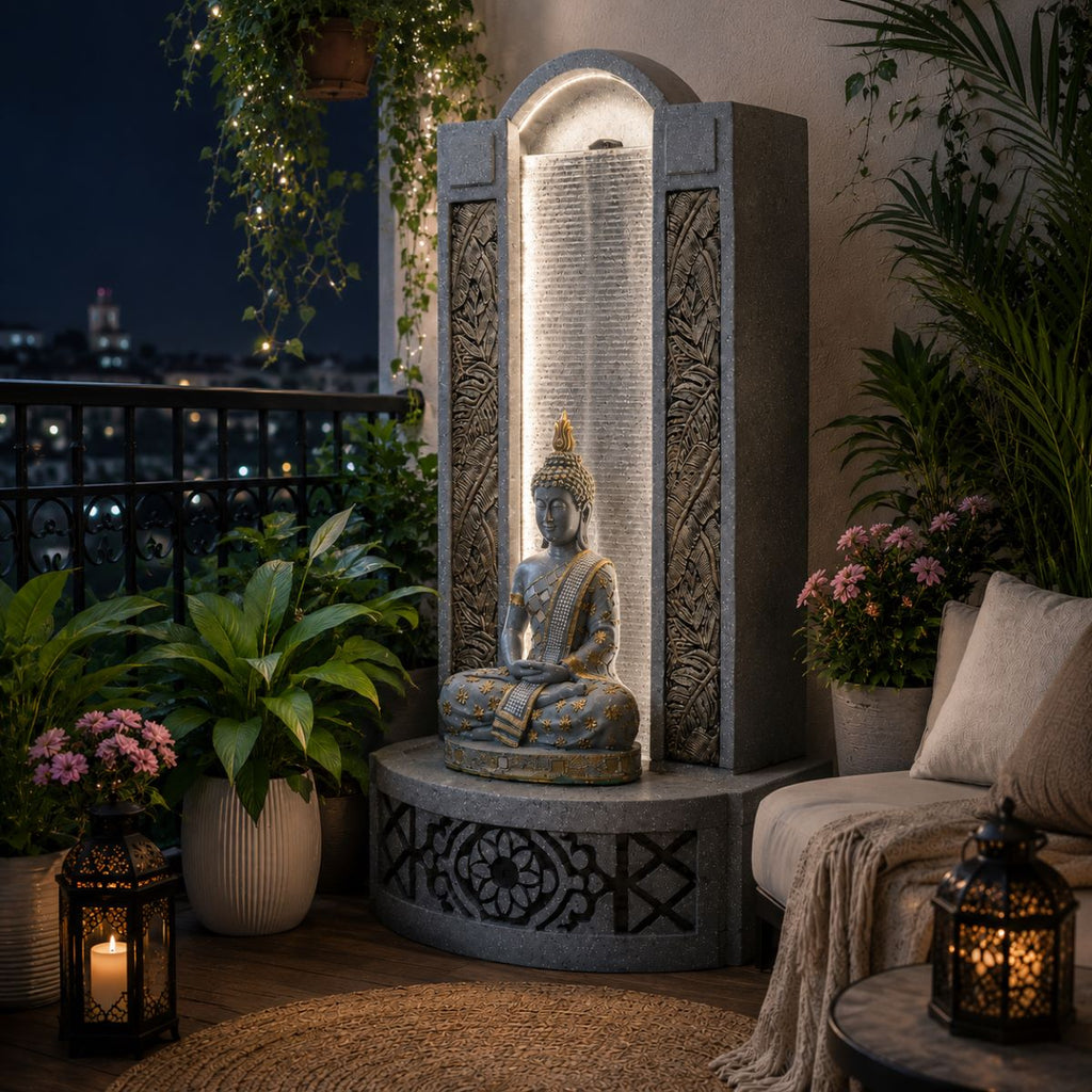 4ft Buddha Slate Water Fountain for Home | Indoor Outdoor Decor | LED Lights | Vastu Friendly