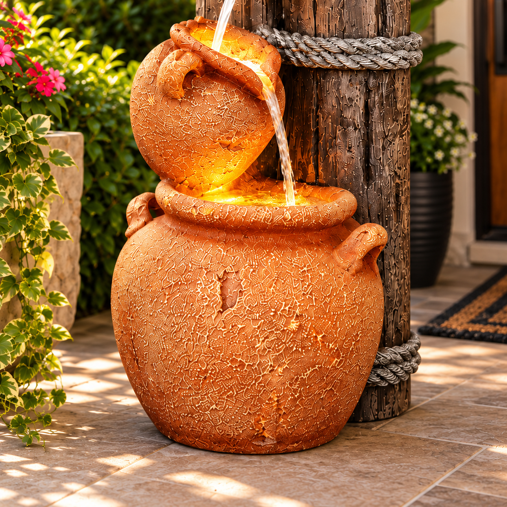 Wood Stacked Earthen Pot Fountain - Elegant Orange & Brown Garden Decor