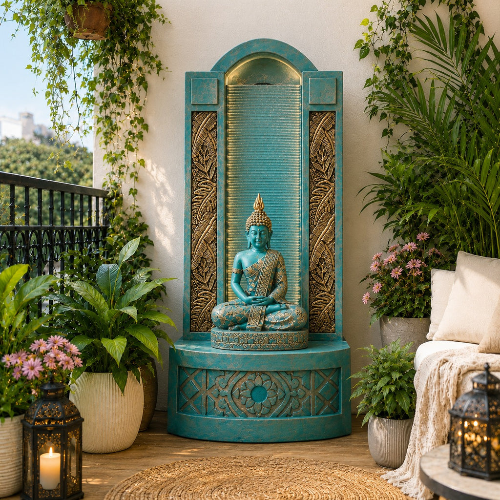 Slate Buddha Water Fountain - 4ft Aqua Gold for Home and Garden Enhancements