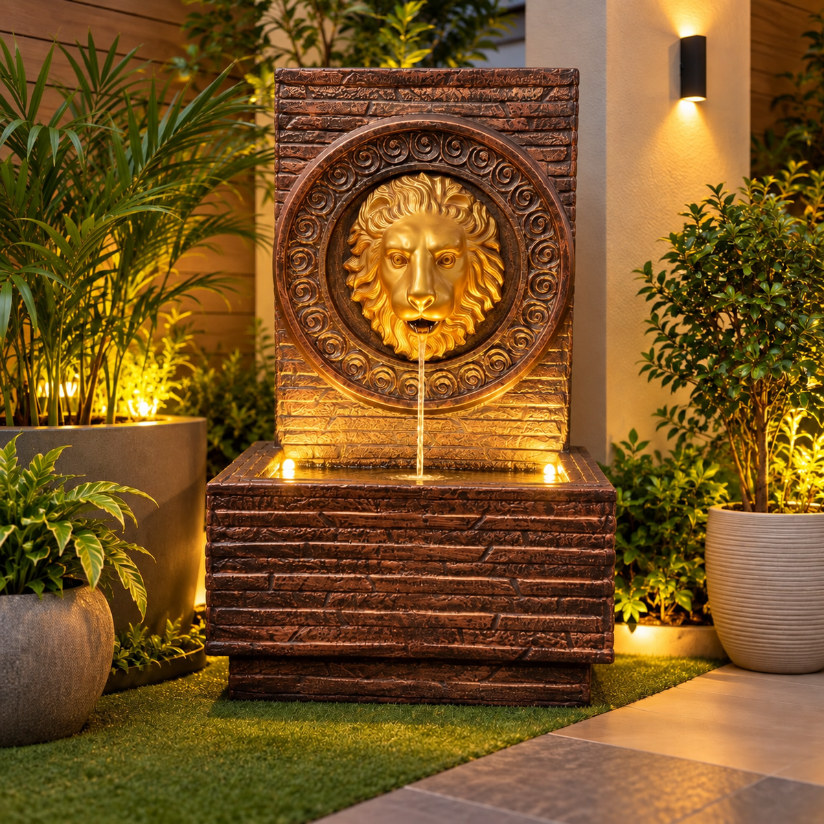 Imperial Lion Face Slate Water Fountain 3.3ft for Home | LED