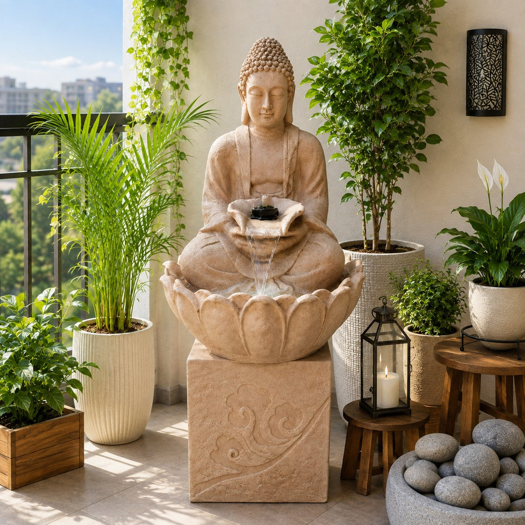 4.5 ft Buddha Lotus Water Fountain with 1.5ft Stand – 4.5ft Floor Standing Fountain for Home, Living Room & Garden