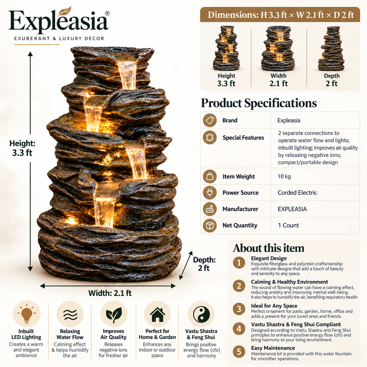 5 Tier Rock Water Fountain – Big Size | For Garden & Home Vastu