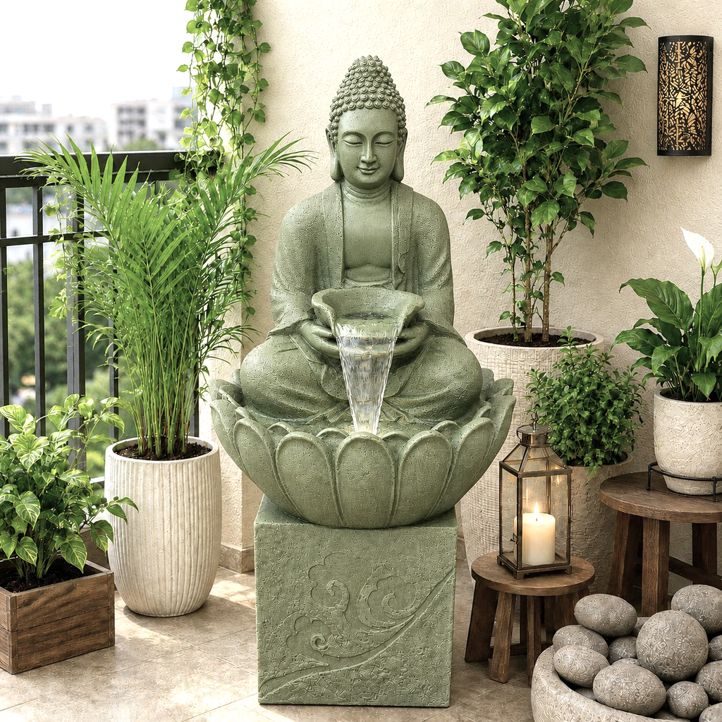 4.5 ft Buddha Lotus Water Fountain with 1.5ft Stand – 4.5ft Floor Standing Fountain for Home, Living Room & Garden