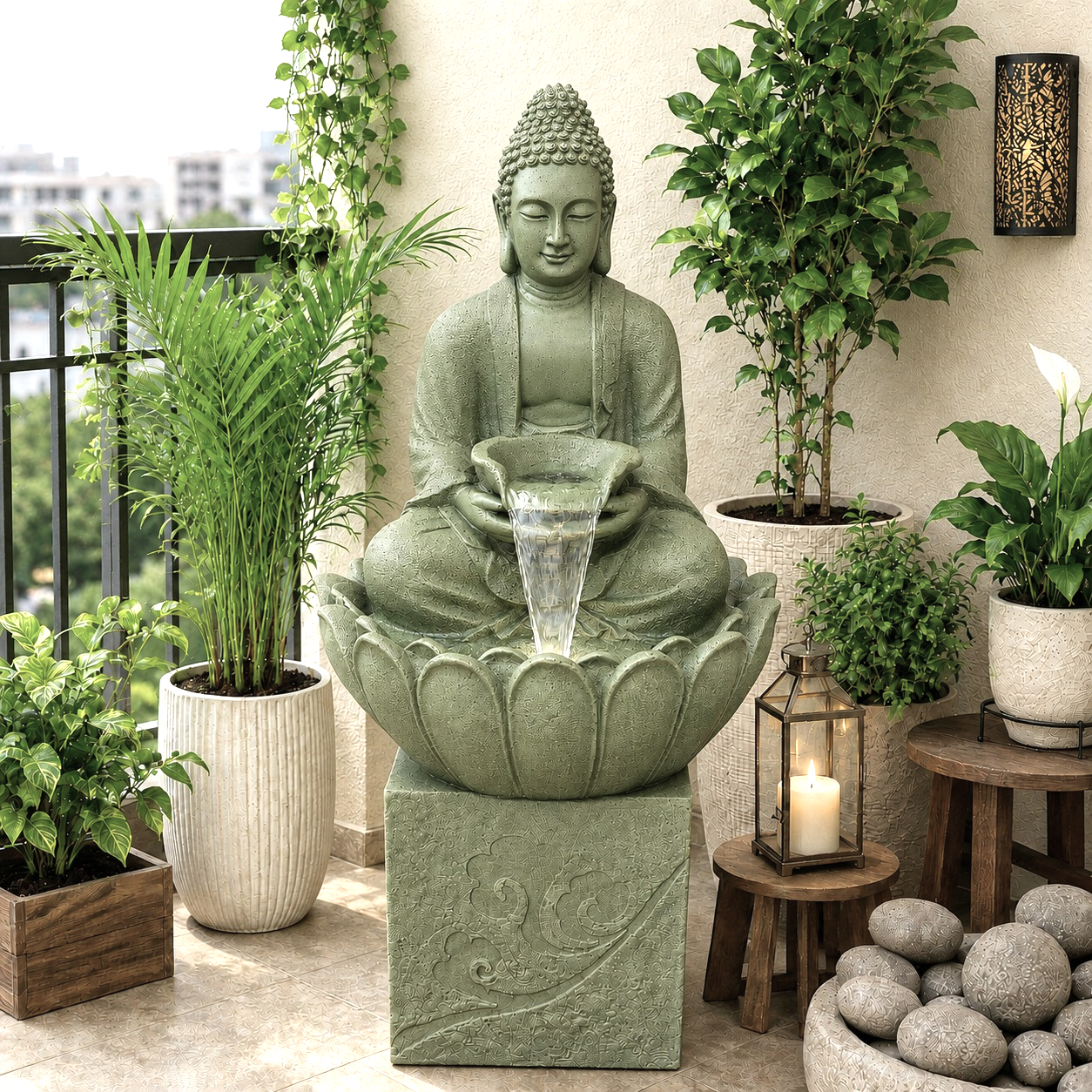 4.5 ft Buddha Lotus Water Fountain with 1.5ft Stand – 4.5ft Floor Standing Fountain for Home, Living Room & Garden
