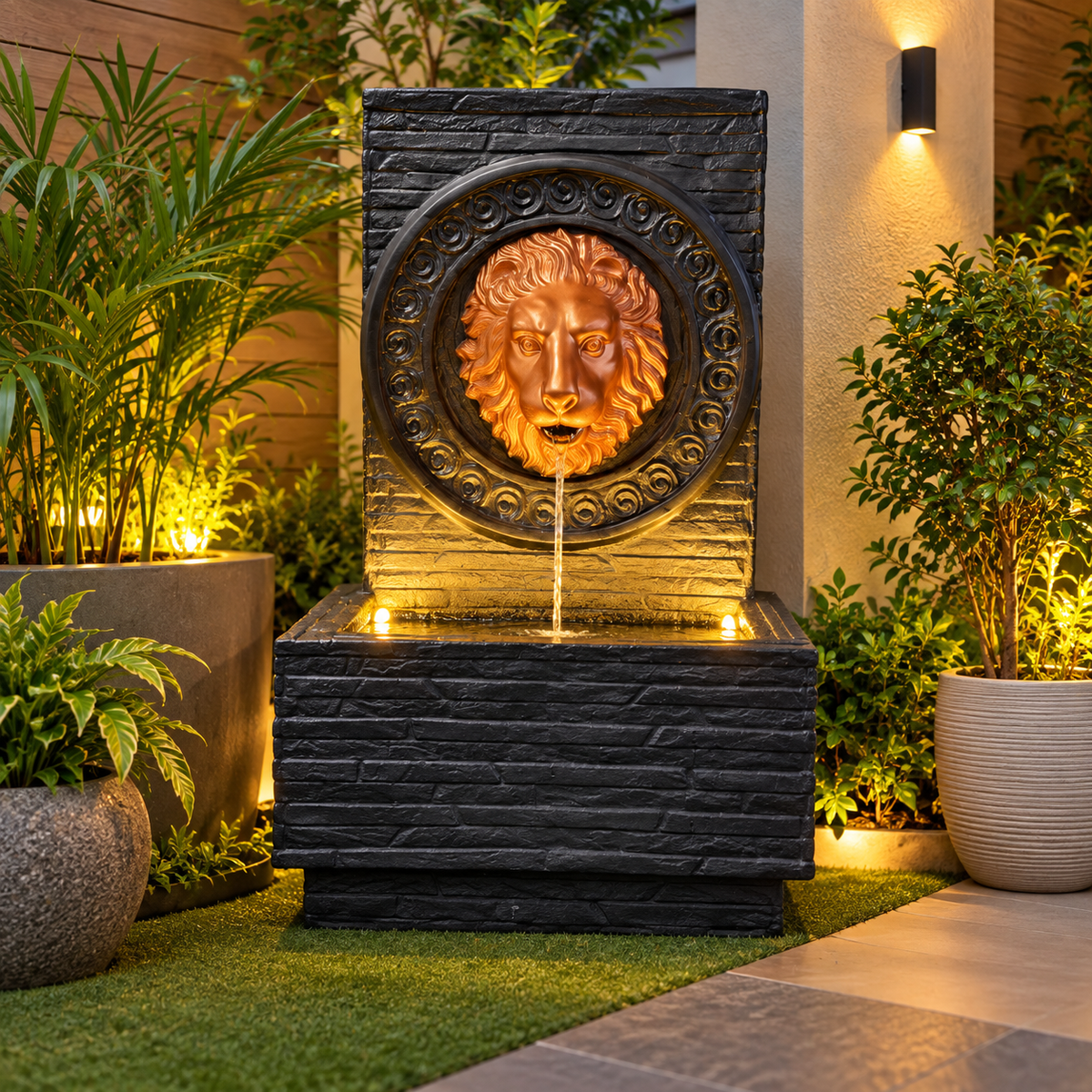 Imperial Lion Face Slate Water Fountain 3.3ft for Home | LED