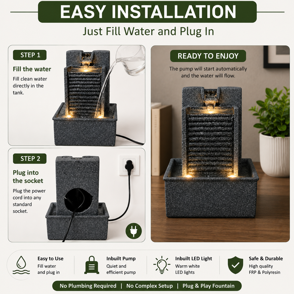 7 Inch Mini Tabletop Water Fountain with Warm LED Lights | Indoor Waterfall Fountain for Home