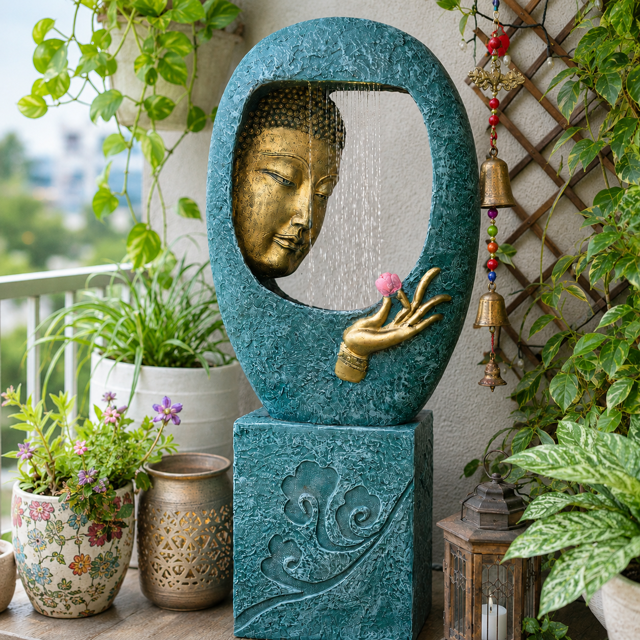 Buddha Face Shower Water Fountain with Stand - Blue 4ft for Serene Indoor Decor