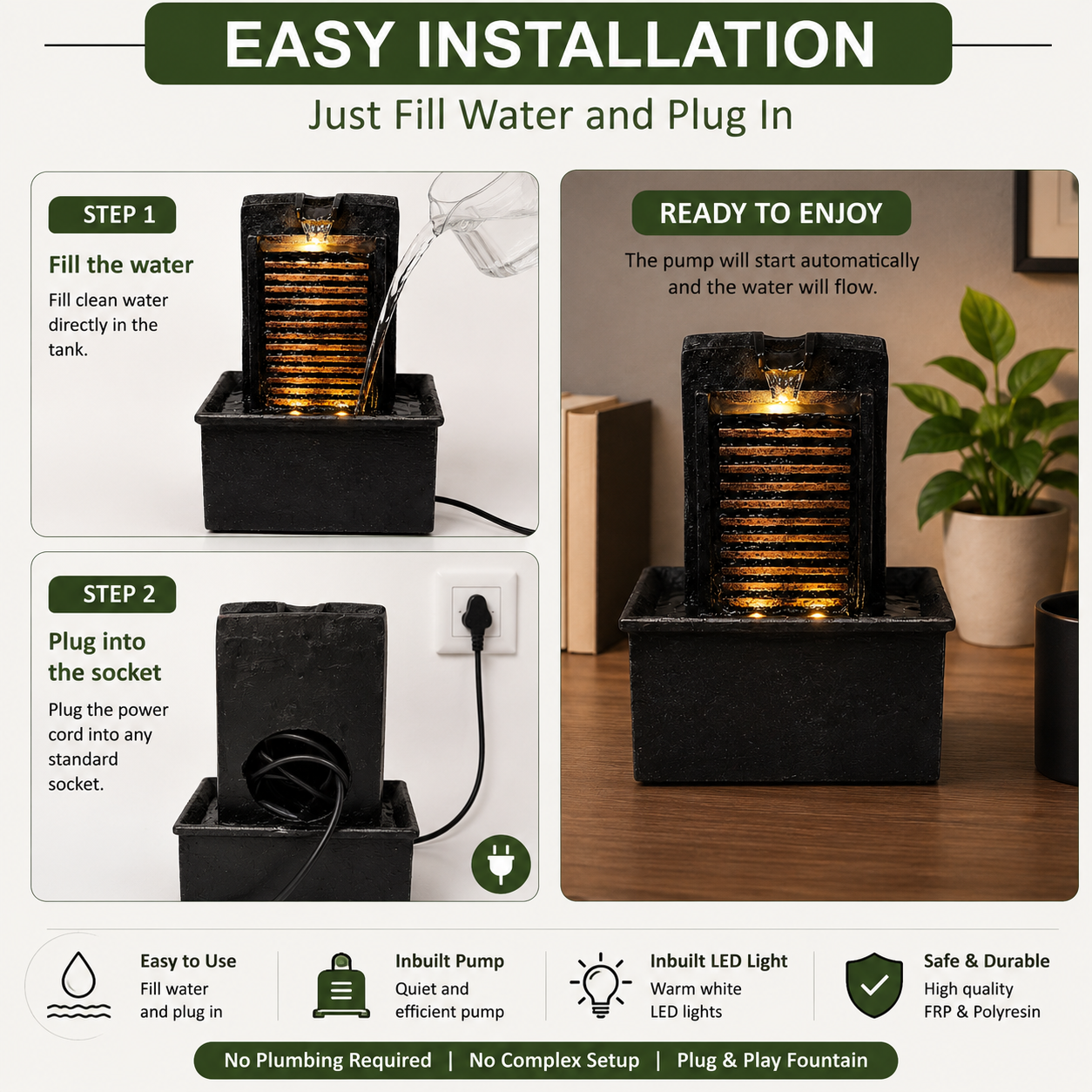 7 Inch Mini Tabletop Water Fountain with Warm LED Lights | Indoor Waterfall Fountain for Home