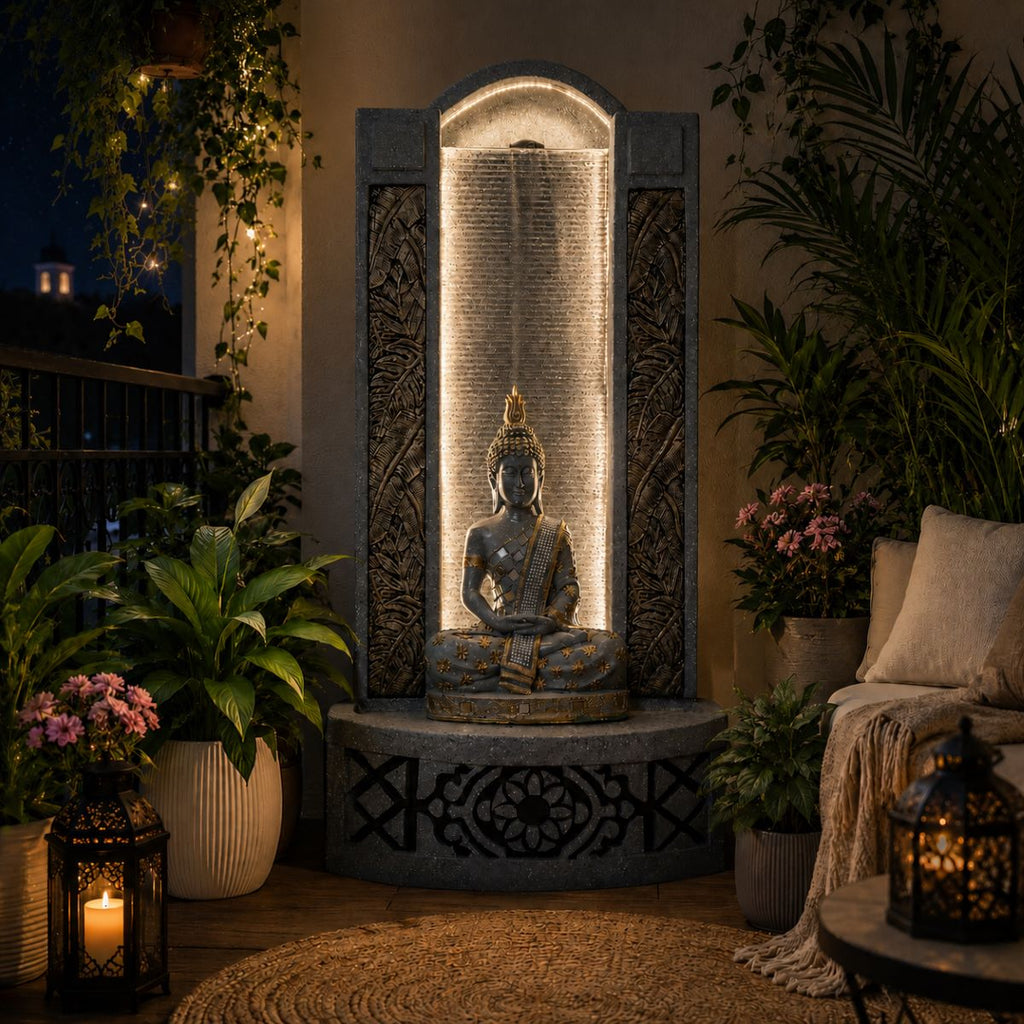 4ft Buddha Slate Water Fountain for Home | Indoor Outdoor Decor | LED Lights | Vastu Friendly