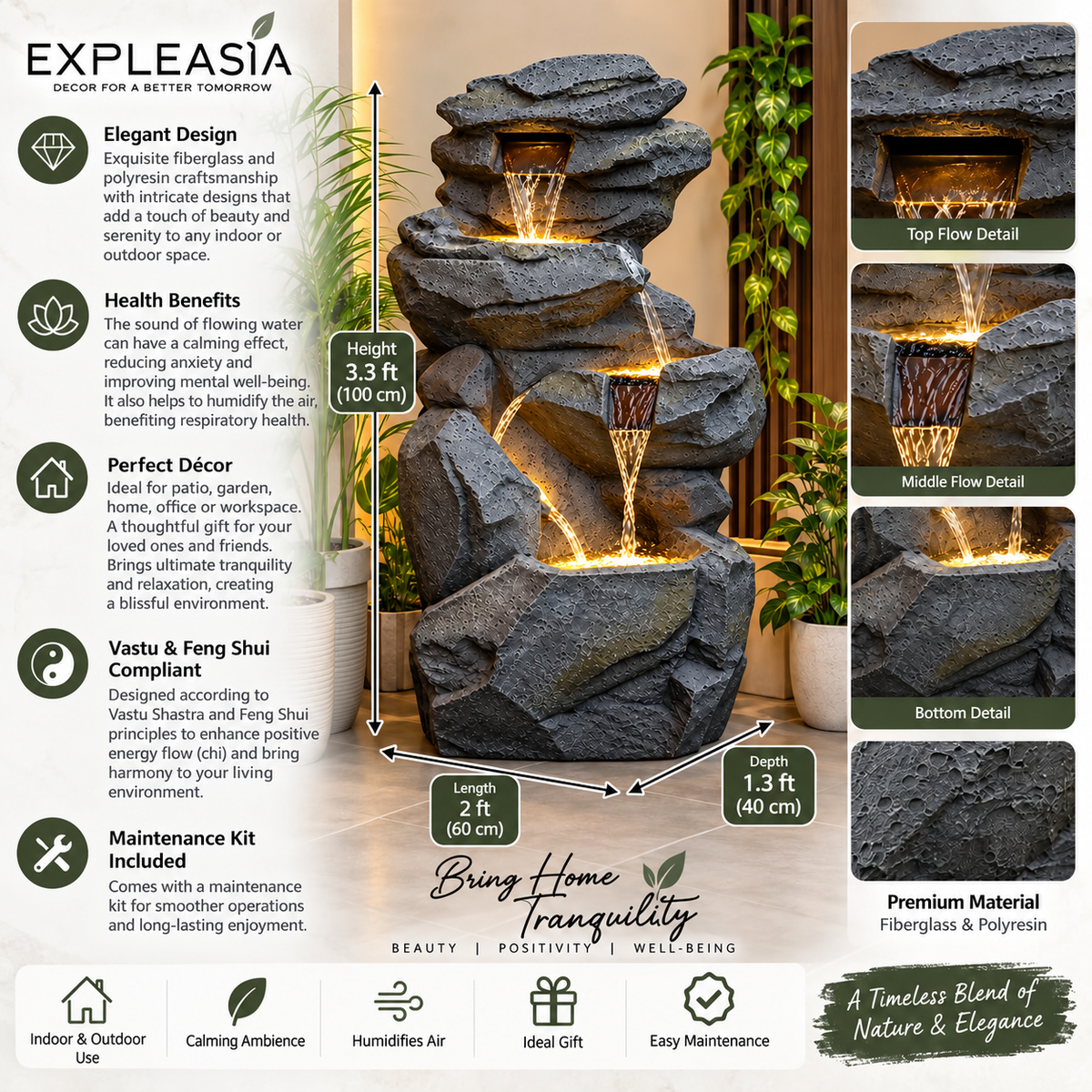 Rock Waterfall Fountain – Big Size | Indoor & Covered Outdoor Décor