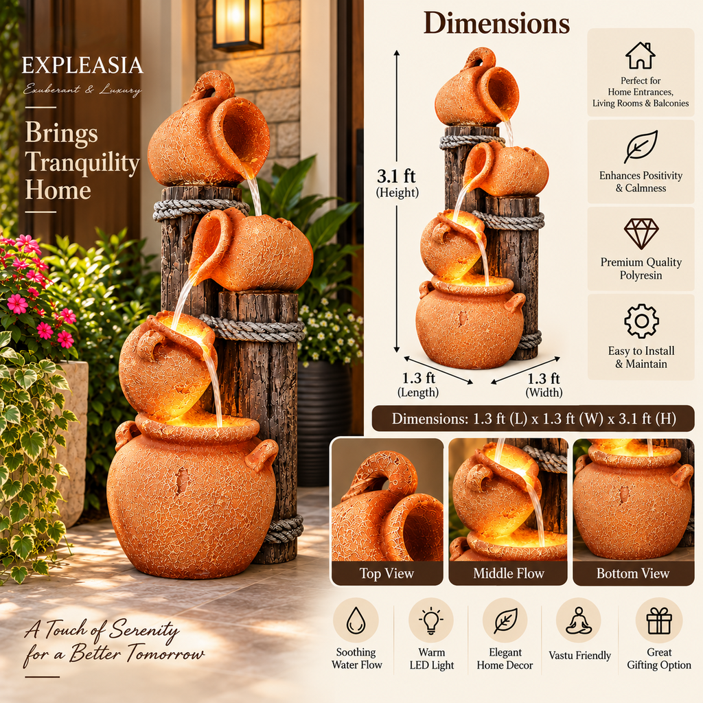 Wood Stacked Earthen Pot Fountain - Elegant Orange & Brown Garden Decor