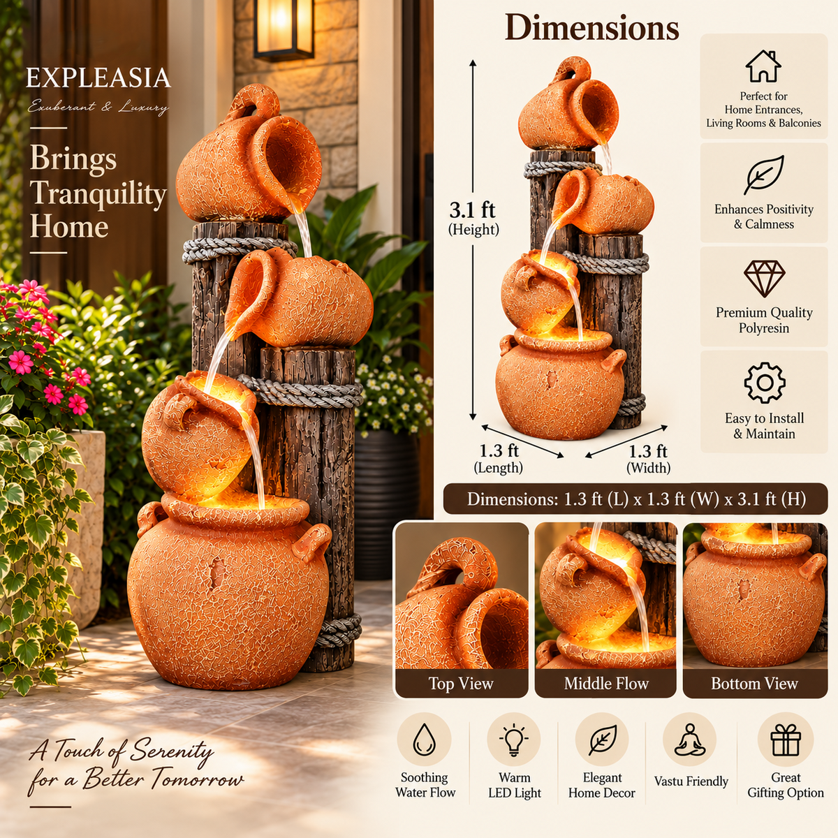 Wood Stacked Earthen Pot Fountain - Elegant Orange & Brown Garden Decor