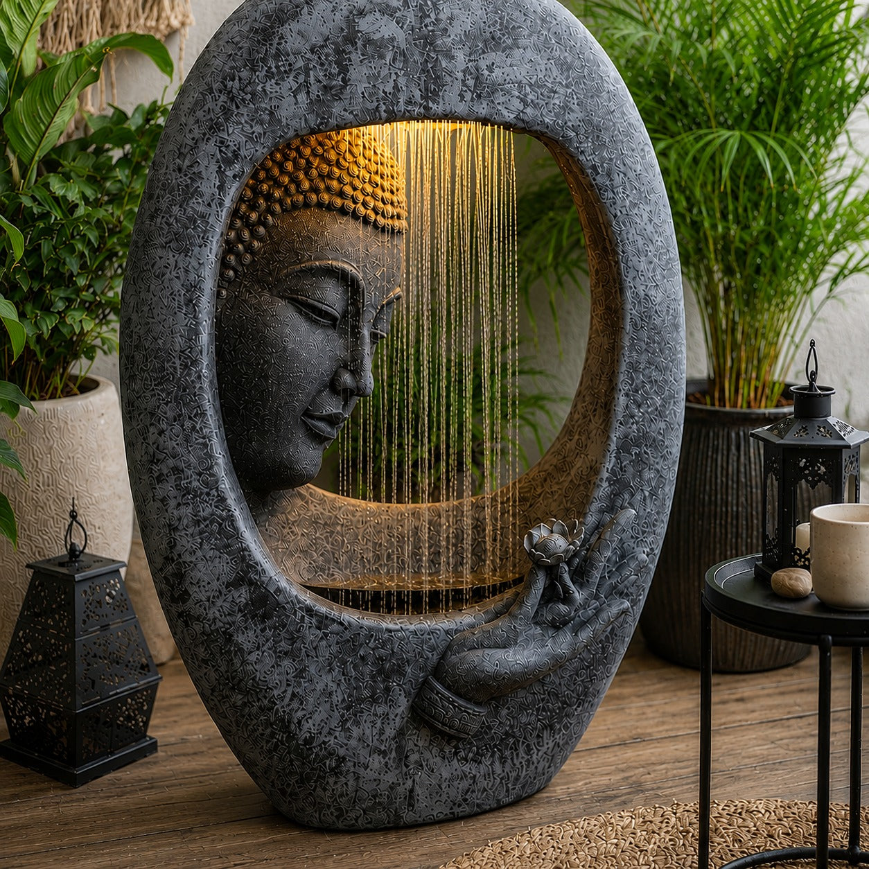 Buddha Face Shower Water Fountain – 3ft Dark Grey Shower Water Feature for Tranquil Spaces