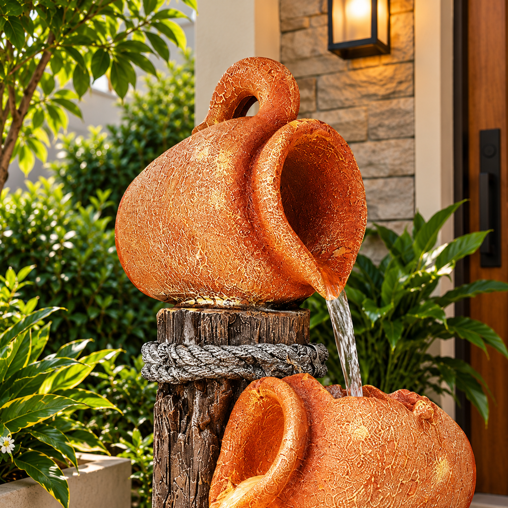 Wood Stacked Earthen Pot Fountain - Elegant Orange & Brown Garden Decor