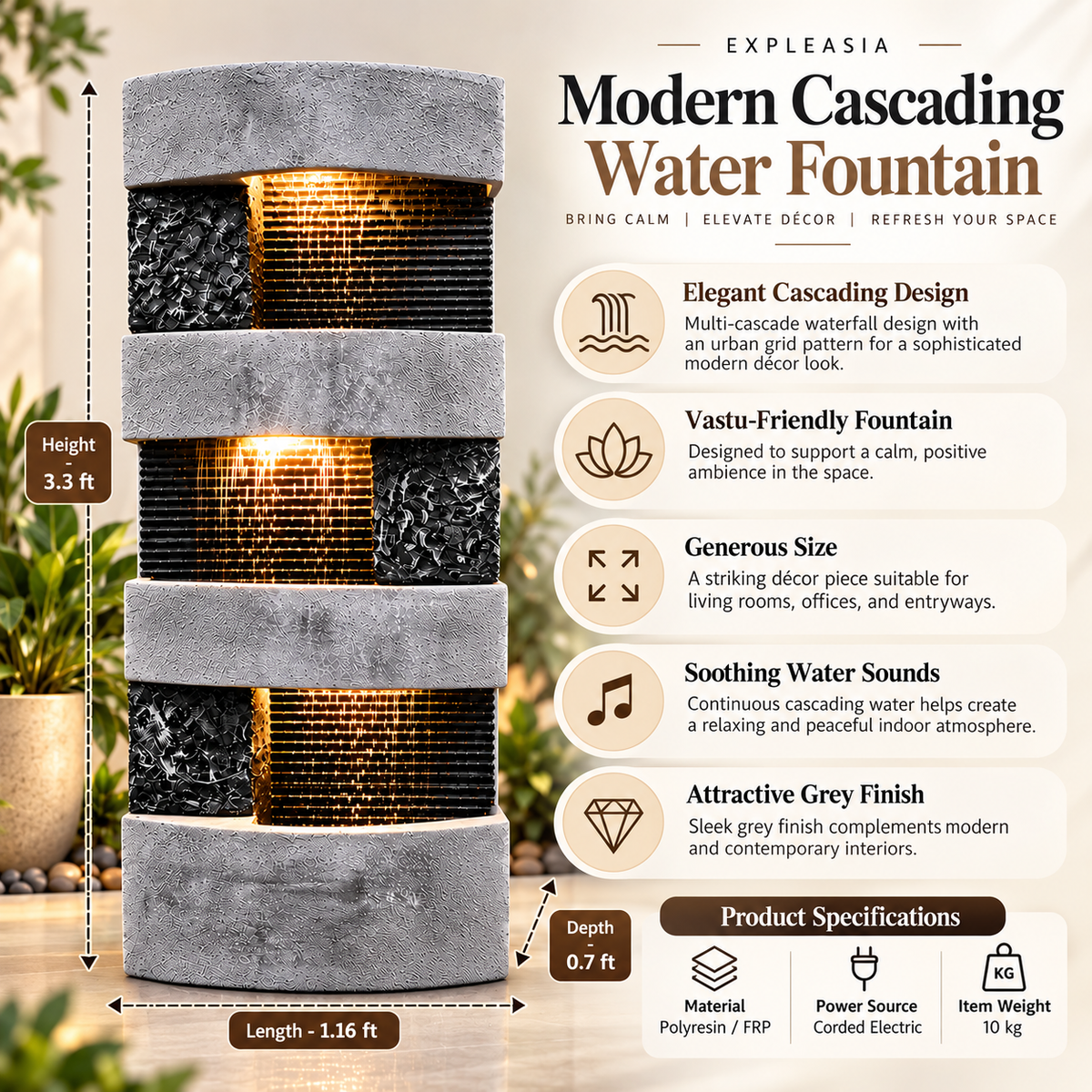 Urban Grid Multi Cascade Water Fountain – 40 Inch