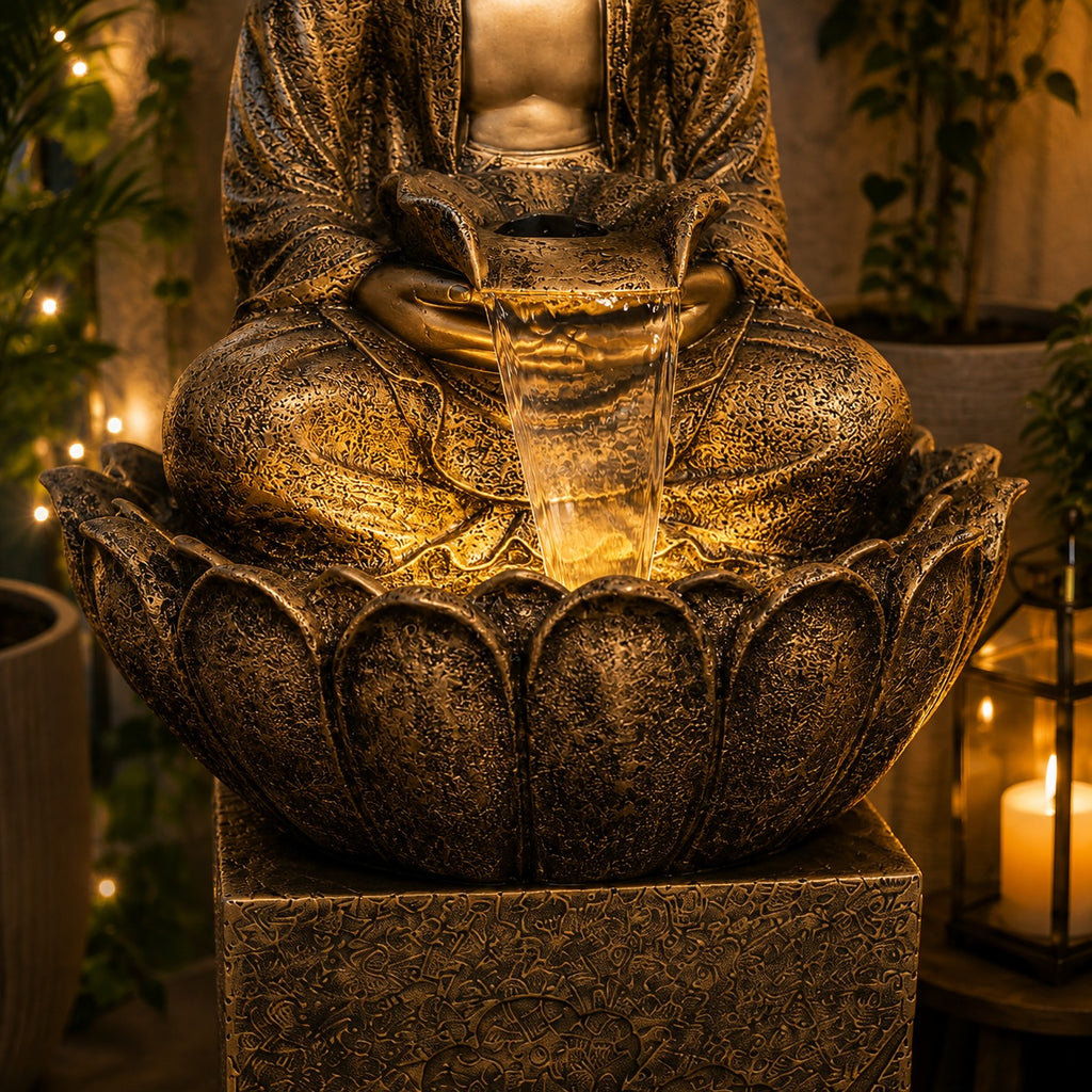 4.5 ft Buddha Lotus Water Fountain with 1.5ft Stand – 4.5ft Floor Standing Fountain for Home, Living Room & Garden