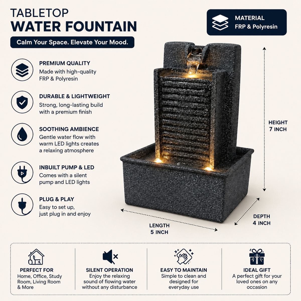 7 Inch Mini Tabletop Water Fountain with Warm LED Lights | Indoor Waterfall Fountain for Home