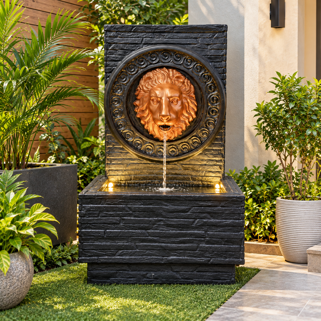 Imperial Lion Face Slate Water Fountain 3.3ft for Home | LED