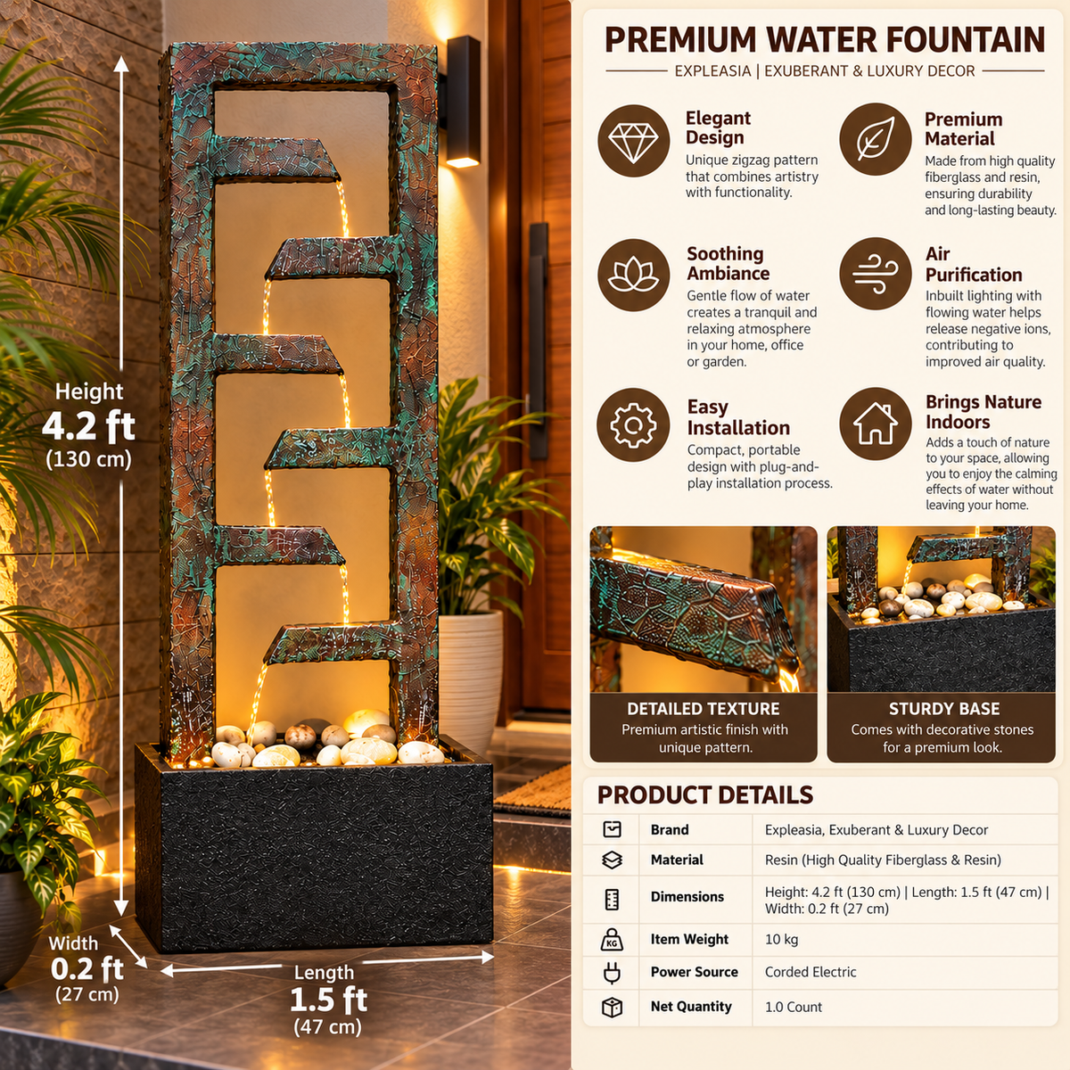 4ft Zigzag Indoor Water Fountain - Large Size for Home & Vastu Decor