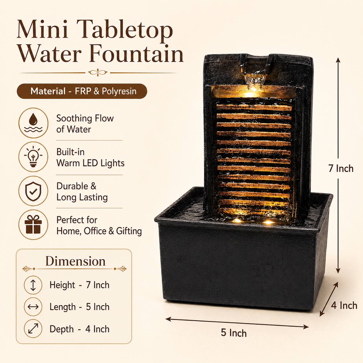 7 Inch Mini Tabletop Water Fountain with Warm LED Lights | Indoor Waterfall Fountain for Home