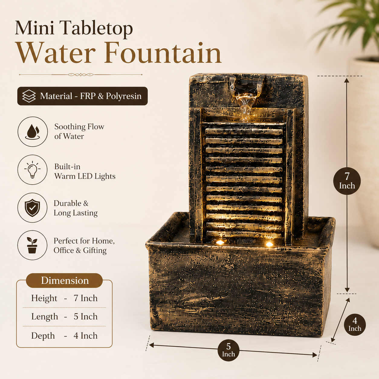 7 Inch Mini Tabletop Water Fountain with Warm LED Lights | Indoor Waterfall Fountain for Home