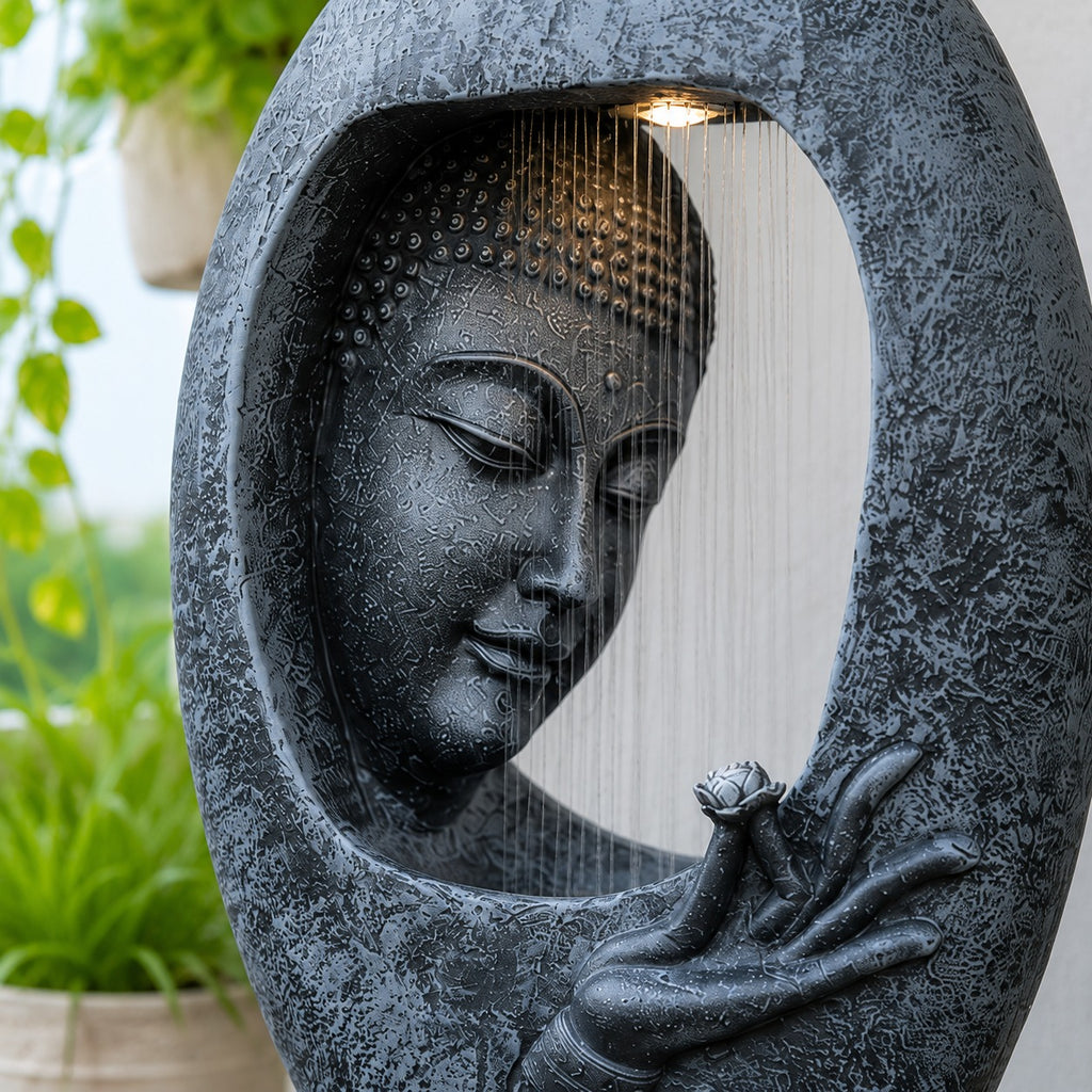 Buddha Face Shower Water Fountain with Stand – Dark Grey 4ft Garden Decor
