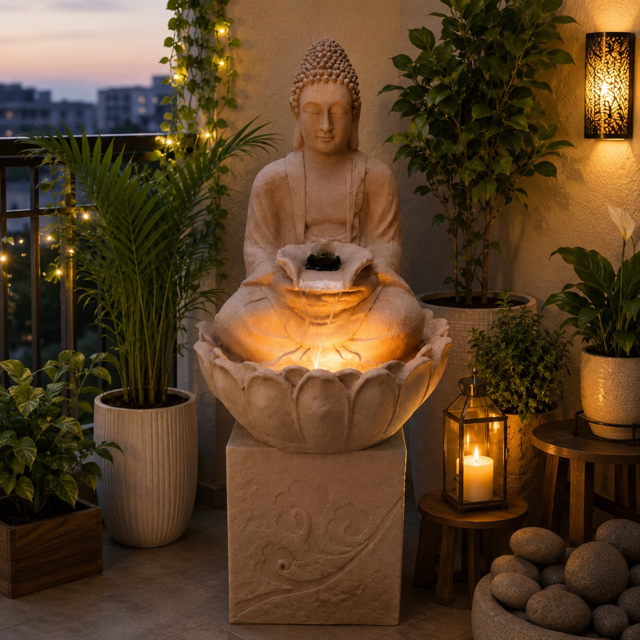 4.5 ft Buddha Lotus Water Fountain with 1.5ft Stand – 4.5ft Floor Standing Fountain for Home, Living Room & Garden