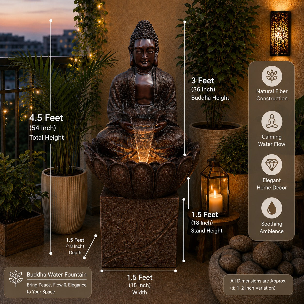 4.5 ft Buddha Lotus Water Fountain with 1.5ft Stand – 4.5ft Floor Standing Fountain for Home, Living Room & Garden