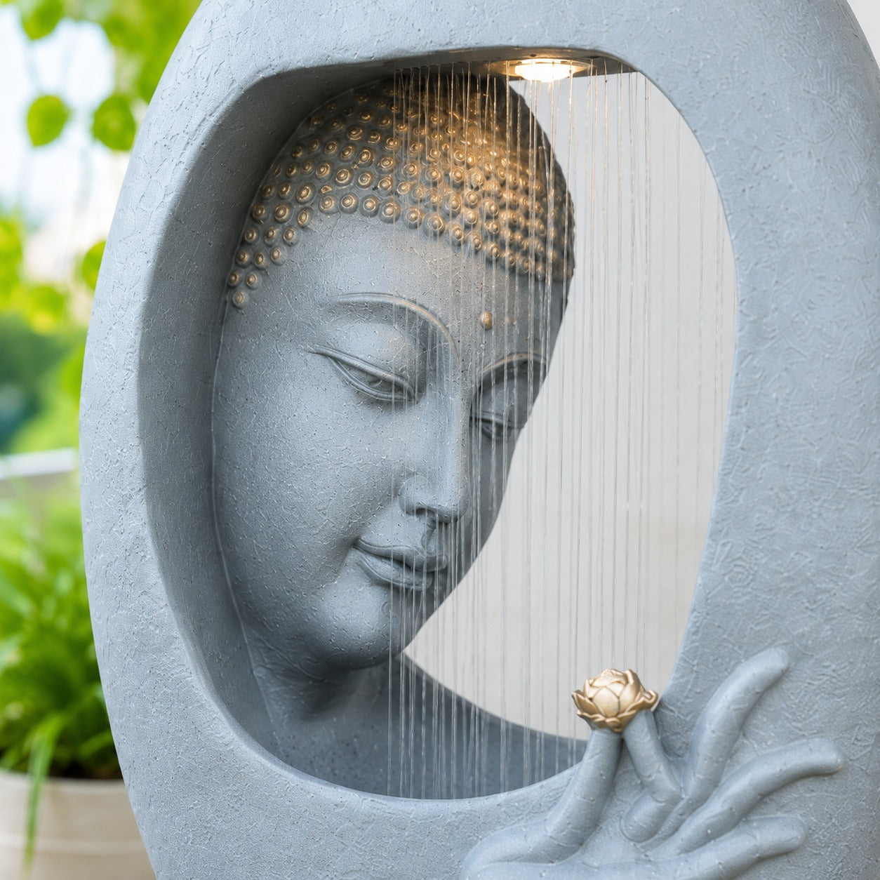Buddha Face Shower Water Fountain with Stand - Light Grey 4ft for Tranquil Décor