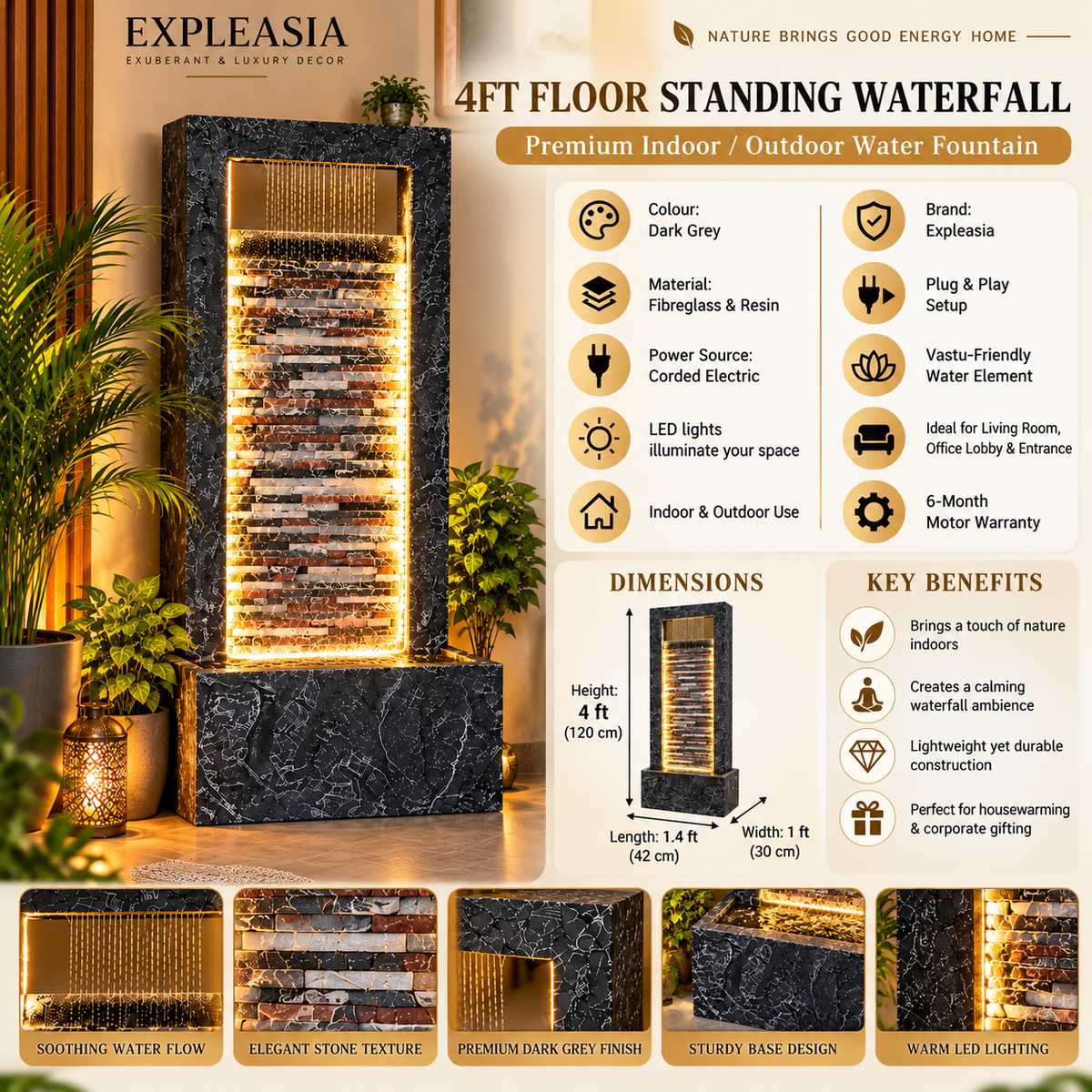 4ft Slate Waterfall Fountain - Large Slate Rippled Water Feature for Home & Vastu Decor